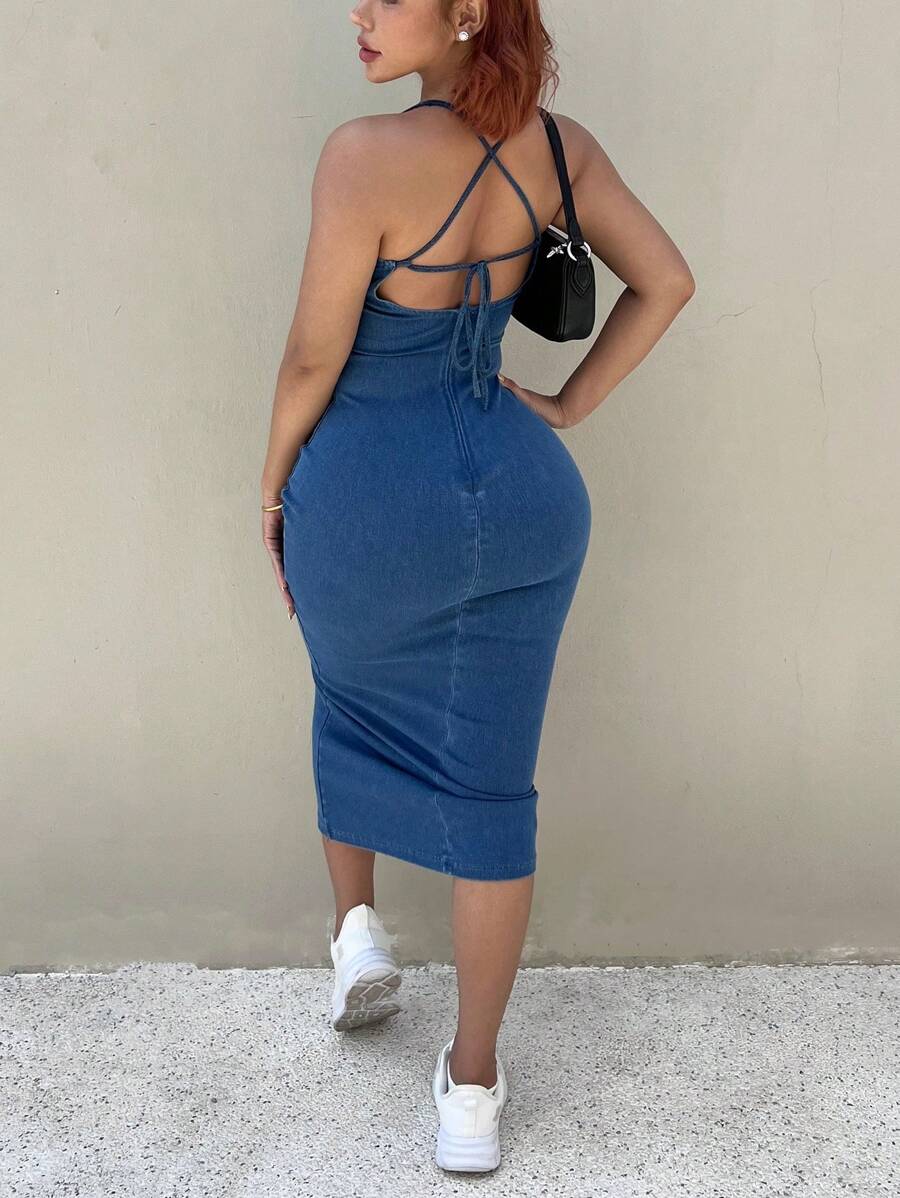 SHEIN SXY Women's Denim Dress, Casual Fitted Sleeveless Blue,Solid Color Sexy Open Back Sleeveless Beach Dress, Formal Party Backless Gown,Vacation Outfits Women,Year-Round,For Spring/Summer Holiday,Beach Mini Dress For Women Summer Women Dresses Vacation Spring/Summer Outfits For Women Rave Outfits Festival Easter Women Outfit,Suitable For Summer