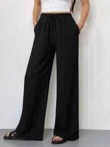 SHEIN Tall 休闲百搭简约纯色阔腿裤 - 黑色 - 查看 1