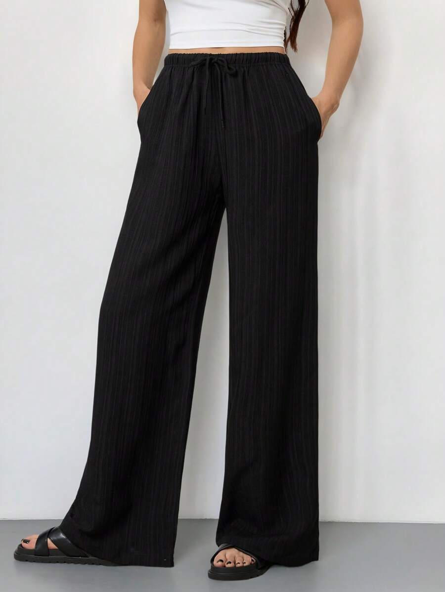 SHEIN Tall 休闲百搭简约纯色阔腿裤 - 黑色 - 查看 1