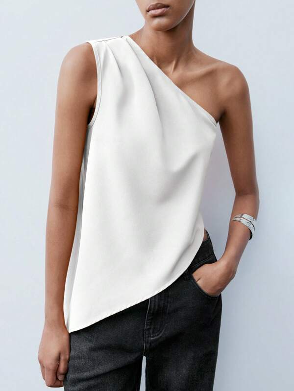 Maija Blusa casual sin mangas de unicolor blanco con corte asimétrico y pliegues, adecuada para uso en la oficina y para uso casual para damas