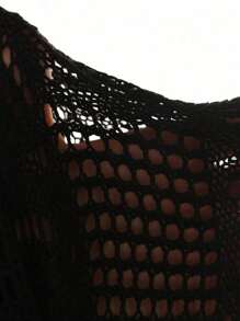 Swim Lushoire Plus Size Black Short Sleeve Hollow Geometric Pattern Loose Beach Cover Up For Women, Mid-Length, For Summer Vacation - Black - View 7