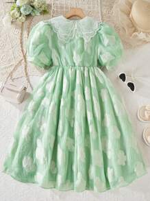 SHEIN 1 Stück Mädchen Sommer Neu Grün Jacquard Netztüll Puffärmel Elegantes Rüschen Kragen Prinzessin Kleid, Frühling/Sommer