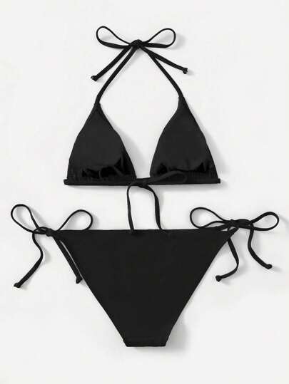 SHEIN Swim 2 件 2025 纯色吊带上衣和系带比基尼套装，适合夏季海滩度假