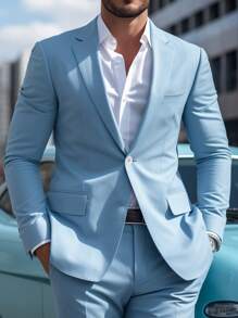 Manfinity Mode Men's Solid Color Front Button Closure Long Sleeve Pocket Simple Shirt And Long Pants Suit Set