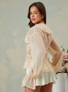 L'Amorae بلوزة ربيعية ذات أكمام منبثقة منمقة متموجة شبه شفافة ولامعة