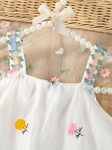 SHEIN Vintaside Kids 女婴花卉图案薄纱吊带连衣裙，可爱休闲海滩度假夏季服装 - 白色 - 查看 6