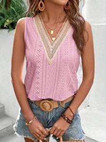 SHEIN VCAY Spring Guipure Lace Panel Eyelet Embroidery Tank Top - Dusty Pink - View 3