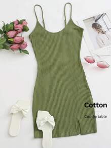 SHEIN EZwear Summer Outing Split Hem Rib-Knit Solid Dress - Army Green - View 6