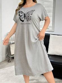 Plus Size Butterfly Print Asymmetric Shoulder Casual Comfortable Nightgown, Summer Sleep Dress - Light Grey - View 6