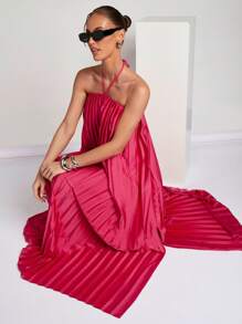 COSMINA Robe simple décontractée pour femme, couleur unie, dos nu, avec attache à la nuque - Rose vif - Voir 3
