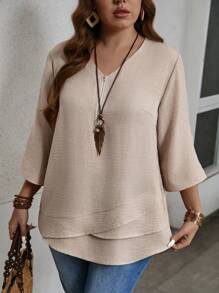 EMERY ROSE Plus Size Women Asymmetrical Double Layer Design Zipper Collar Comfortable Textured Fabric Blouse, Vintage Conservative Style, Spring/Summer