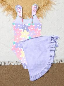 1pc Young Girl Colorful Flower Printed One-Piece Swimsuit With Mesh Skirt Summer Holiday - Multicolor - View 2