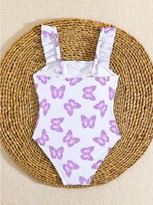 Cute Butterfly Print One-Piece Swimsuit For Young Girls With Ruffle Detail - Purple - View 2