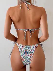 Women's 2pcs Bohemian Tropical Print Halter Triangle Top & Side Stripe Tie Side Swim Bottom Bikini Set - Multicolor - View 2