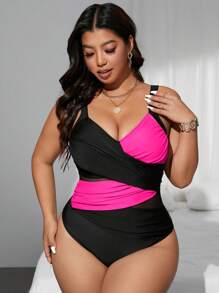 Swim SXY Traje de baño de una pieza talla grande para mujer con diseño de bloques de color y malla cruzada para verano y vacaciones en la playa
