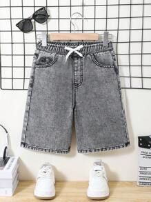 SHEIN Explorewe Tween Boy Casual Street Style Comfortable Water-Washed Drawstring Waist Elastic Waistband Grey Denim Shorts, 2025 Spring & Summer New Arrival, Versatile Daily Wear, School, Campus, College - Grey - View 6