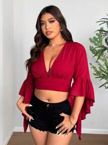 Breezaya Women's Slim Fit Deep V-Neck Ruffle Sleeve Plus Size Blouse, Summer, Spring Break - Burgundy - View 3