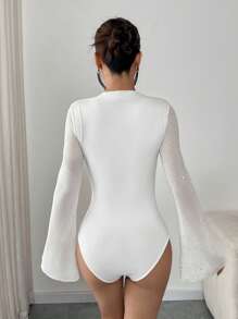 Chiquease Women Metallic Glitter Mesh Ruched Bell Sleeve Bodysuit - White - View 2