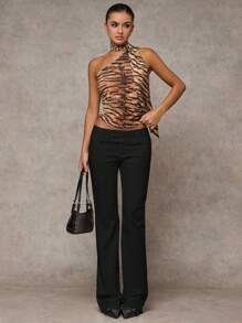 SHEIN BAE Women Plain Color Casual/Fashionable Outing/Versatile Casual/Old Money Style Patch Pocket Wide Waistband Simple Commute Office Low-Waist Loose Wide Leg Pants, Autumn/Winter Women Pants, Pants, Women's Dress Pants, Work Wear, Vintage Style Leopard Print