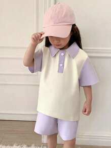 SHEIN 2pcs Waffle Knit Shirt & Shorts Set For Infant Toddler Unisex Baby Boy Girl 0-3 Years Old, Casual Daily Simple Contrast Color Outfit - Purple - View 1