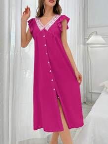 Color Block Lace Patchwork V-Neck Ruffle Sleeve Single-Breasted Chiffon Long Nightgown Babydoll Holiday Season, Moo Moo - Hot Pink - View 4