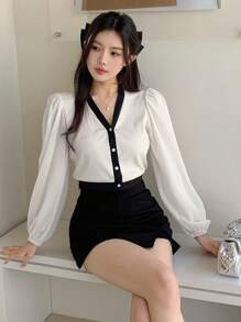 DAZY 女士 V 领单排扣拼色休闲长袖衬衫，秋季女装 - 白色 - 查看 3