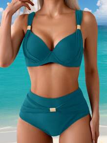 SHEIN Swim Women's Solid Color Bikini Set, Vacation Beach For Summer