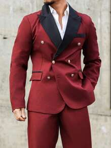 Manfinity Mode Men's Contrast Color Lapel Double Breasted Jacket And Pants Suit Set - Red - View 1