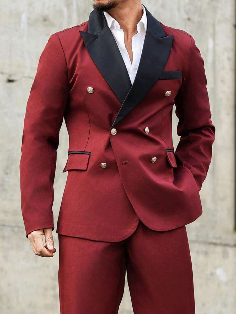 Manfinity Mode Men's Contrast Color Lapel Double Breasted Jacket And Pants Suit Set - Red - View 1