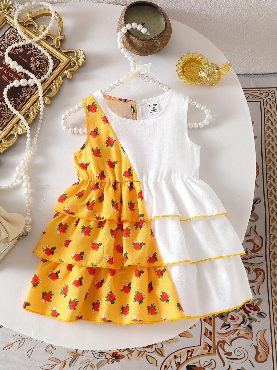 SHEIN Gaun Bayi Perempuan Lucu Motif Bunga Putih Berlapis Bahan Chiffon, Musim Panas - MultiWarna - View 1
