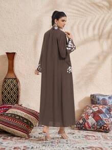 Al Najma Women Floral Print Casual Long Sleeve Front Button Abaya Robe - Army Green - View 4