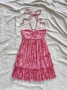 Soleia Hippie Women's Sleeveless Halter Neck Paisley Printed Dress,Sun Dress