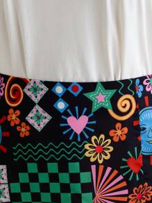 Soleia Plus Size Women Summer Satin Printed Front Slit Straight Fit Bodycon Skirt With Colorful Whimsical Sun Print, Vacation Style Christmas Clothes