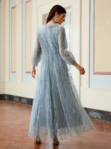 ZEYLAH Damen Pailetten-Stickerei Mesh Langes Kleid, minimalistische Mode Alltags-Lässig Wear - Babyblau - Übersicht 5