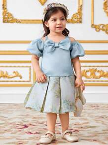 SHEIN 2 件套女婴细肩带露肩上衣，带蝴蝶结装饰和提花褶皱 A 字裙 - 綠色 - 查看 4