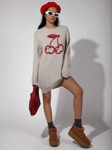 COSMINA Women's Round Neck Long Sleeve Graphic Detail Minimalist Casual Short Sweater Dress - Grey - View 1