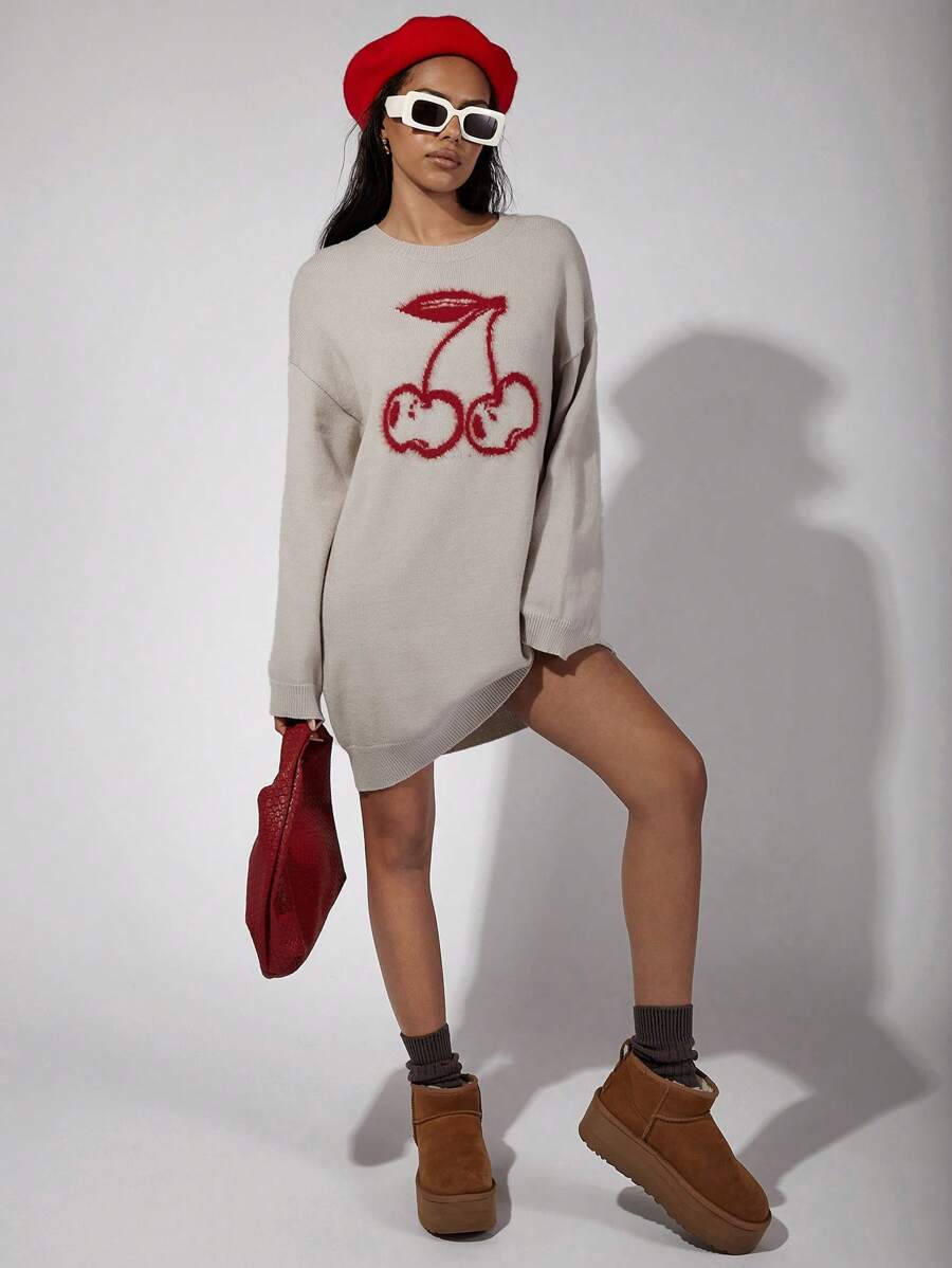 COSMINA Women's Round Neck Long Sleeve Graphic Detail Minimalist Casual Short Sweater Dress - Grey - View 1