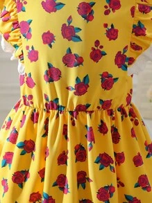 1pc Tween Girls Rose Print Stitching Cap Sleeve Beach Dress, New Arrival Spring/Summer
