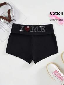 SHEIN EZwear Women's  Diamond Studded Letter Print Shorts - Black - View 1