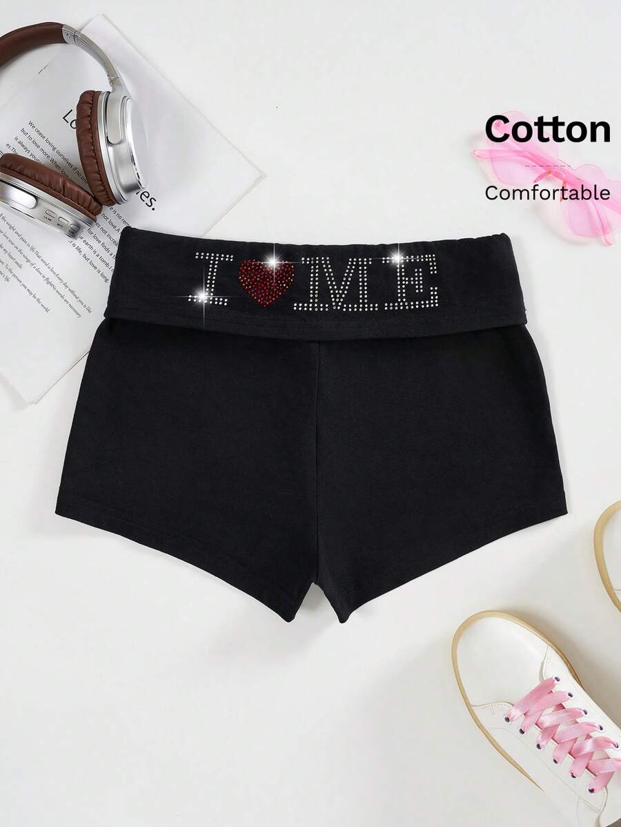 SHEIN EZwear Women's  Diamond Studded Letter Print Shorts - Black - View 1