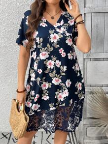 EMERY ROSE Đầm dài ren tương phản cổ chữ V cho nữ - Màu xanh lam - Xem 3
