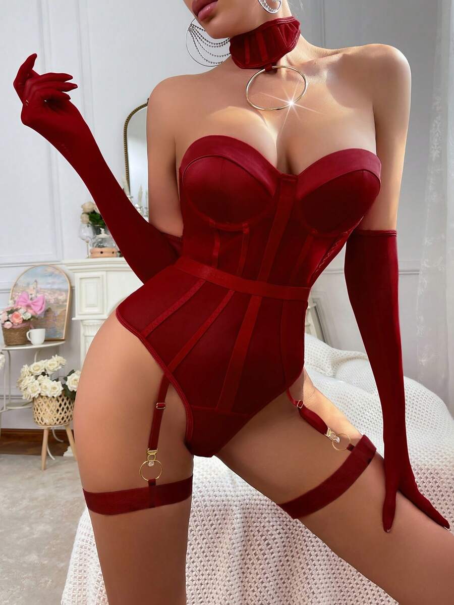 Myrelith 6pcs Red Elegant & Sexy Women's Bodysuit Set For Going Out - Burgundy - View 1