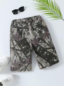 TWEEN BOYS 宽松休闲工装短裤，褶皱下摆和撞色拼布设计，街头风格 - 軍綠色 - 查看 2