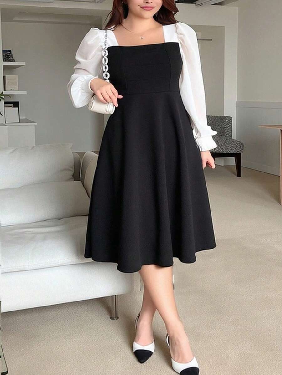 Dazy Plus Robe mi-mollet près du corps à manches évasées, col carré et blocs de couleurs, robe à manches longues pour le printemps/automne en grande taille