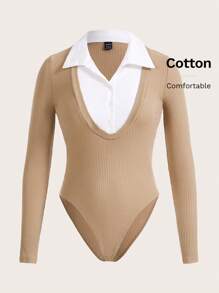 SHEIN EZwear Two Tone 2 In 1 Bodysuit - Camel - View 1