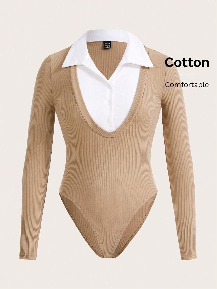 SHEIN EZwear Two Tone 2 In 1 Bodysuit - Camel - View 1