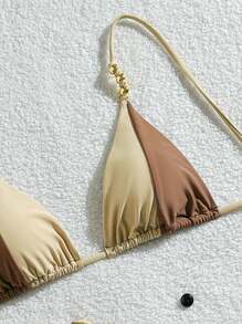 SHEIN Swim Damen Farbblock Patchwork Romantik Urlaub Metall Perlen Dreieck Bikini Set, Sommer Strand Urlaub - Verschiedenfarbig - Übersicht 8