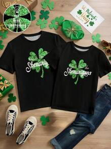 Maria Clara Maia Artist St. Patrick's Day Graphic Glitter Clover Design Women Green Tops, Lucky T-Shirt, Suitable For Summer, Holiday, Festival, Western Wear - Black - View 7