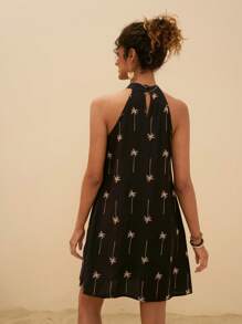 Travachic Robe mini décontractée de vacances pour femmes avec imprimé arbre de noix de coco sur la bretelle