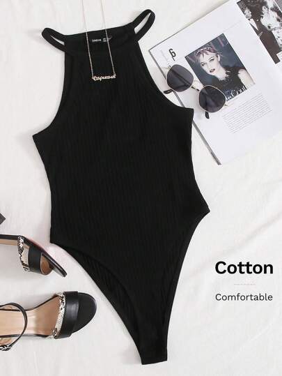 Women's Solid Color Rib-Knit Halter Bodysuit